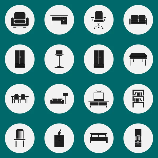 Conjunto de 16 iconos de muebles editables. Incluye símbolos como armario, mesa de restaurante, caballete y más. Puede ser utilizado para el diseño de la tela, móvil, interfaz de usuario e infografía . — Vector de stock