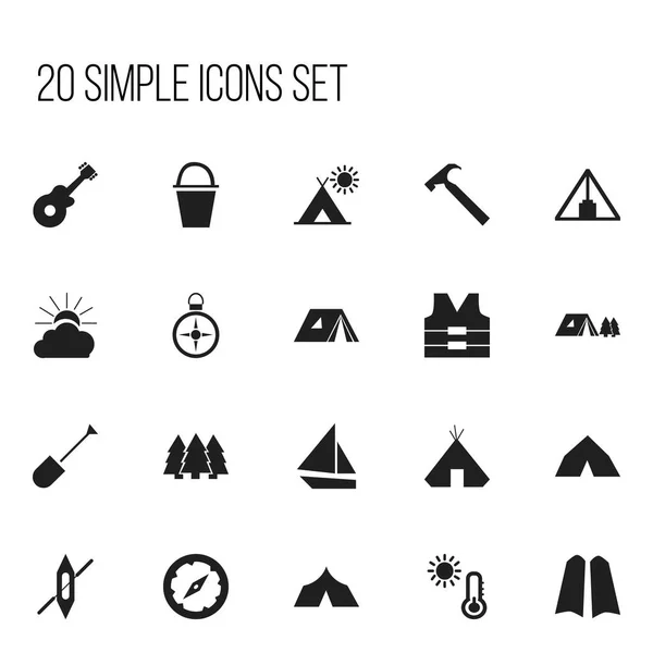 Set von 20 editierbaren Campingsymbolen. umfasst Symbole wie Kiefer, Boot, Pyramide und mehr. kann für Web-, Mobil-, UI- und Infografik-Design verwendet werden. — Stockvektor