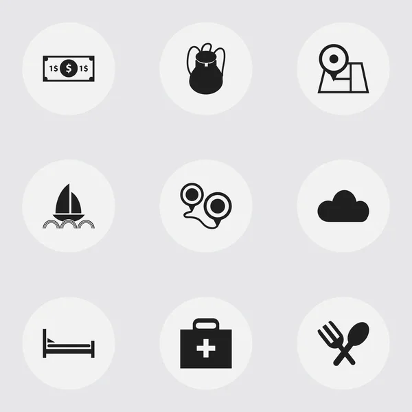 Набор из 9 настольных праздничных иконок. Includes Symbols such as Mattress, Yacht, Rucksack and More. Can be used for Web, Mobile, UI and Infographic Design . — стоковый вектор