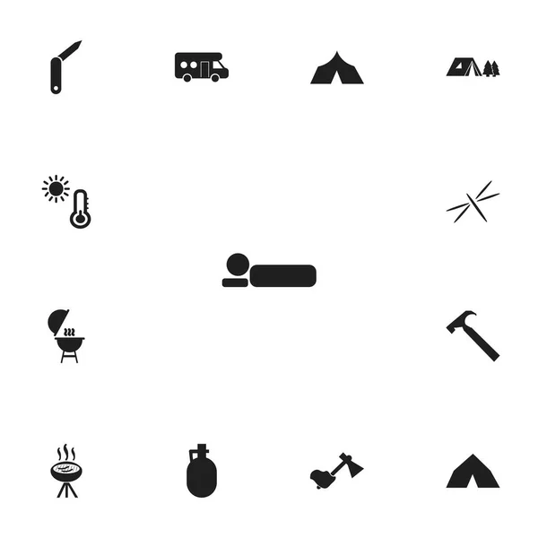 Set Of 13 Editable Trip Icons. Includes Symbols Such As Tepee, Barbecue, Pitcher And More. Can Be Used For Web, Mobile, UI And Infographic Design. — Stock Vector