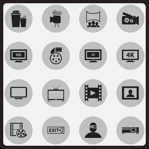 Набор из 16-ти значков для монтажа кинофильмов. Includes Symbols such as Drink, Hd Television, Screen and More. Can be used for Web, Mobile, UI and Infographic Design . — стоковый вектор