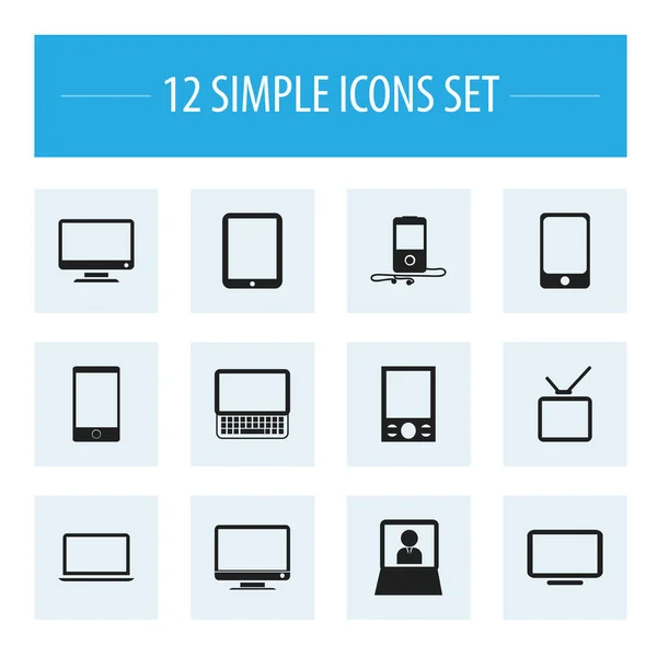 Uppsättning av 12 redigerbara enheter ikoner. Innehåller symboler som skärm, Notebook, TV och mycket mer. Kan användas för webb-, mobil-, Ui- och Infographic Design. — Stock vektor