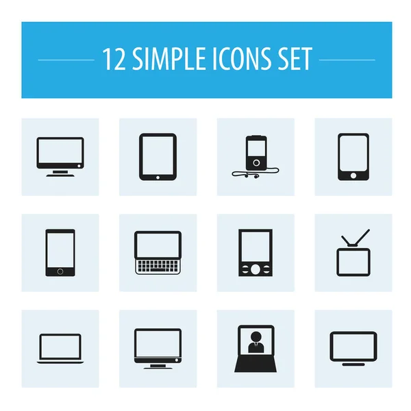 12 düzenlenebilir aygıtları simgeler kümesi. Ekran, dizüstü bilgisayar, televizyon ve daha fazlası gibi simgeler içerir. Web, mobil, UI ve Infographic tasarımı için kullanılabilir.