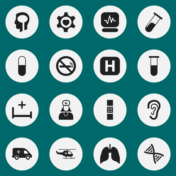 Набір з 16 корисних значків здоров'я. Включає в себе такі символи, як інтелект, клінічна кімната, пробірка і багато іншого. Може використовуватися для веб, мобільного, інтерфейсу та інфографіки . — стоковий вектор