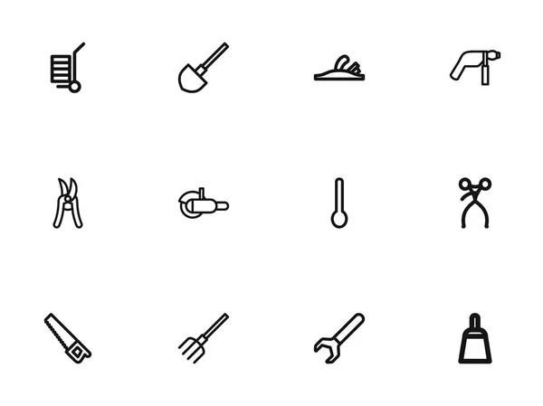 Satz von 12 editierbaren Werkzeugen umreißt Symbole. beinhaltet Symbole wie Gerät, Schaber, Schraubenschlüssel und mehr. kann für Web-, Mobil-, UI- und Infografik-Design verwendet werden. — Stockvektor