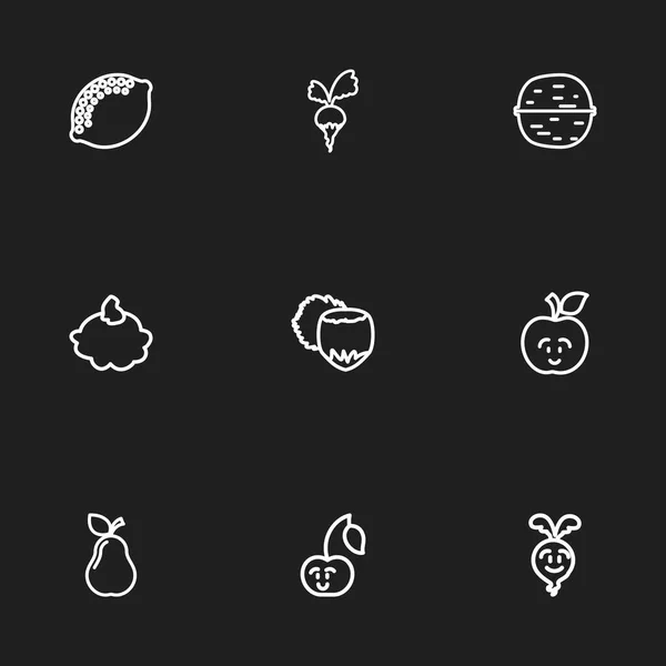 Conjunto de 9 iconos del esquema de alimentos editables. Incluye símbolos como fruta fresca, nuez, natillas y más. Puede ser utilizado para el diseño de la tela, móvil, interfaz de usuario e infografía . — Vector de stock