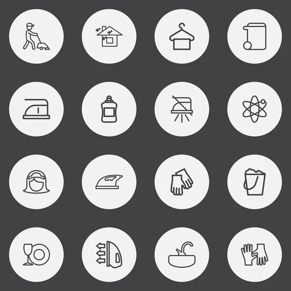 Conjunto de 16 iconos de contorno de higiene editables. Incluye símbolos como servicio de limpieza, fregadero, plancha y más. Puede ser utilizado para el diseño de la tela, móvil, interfaz de usuario e infografía . — Vector de stock