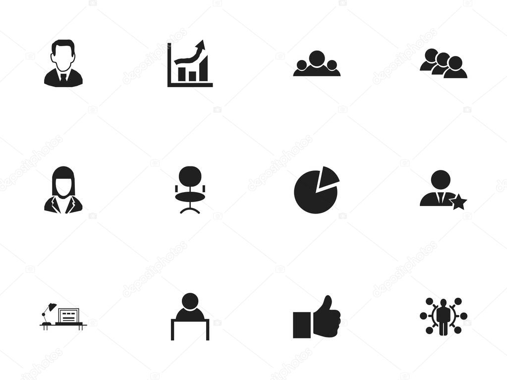 Set Of 12 Editable Job Icons. Includes Symbols Such As Like, Team, Businessman And More. Can Be Used For Web, Mobile, UI And Infographic Design.