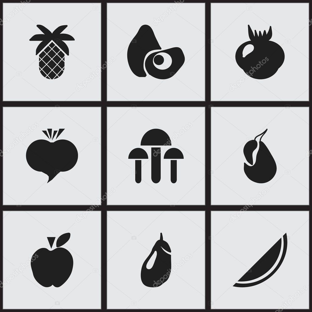 Set Of 9 Editable Fruits Icons. Includes Symbols Such As Champignon, Jonagold, Tropical Fruit And More. Can Be Used For Web, Mobile, UI And Infographic Design.