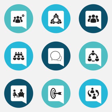 9 düzenlenebilir takım simgeler kümesi. Dostluk, grup, işbirliği ve daha fazlası gibi simgeler içerir. Web, mobil, UI ve Infographic tasarımı için kullanılabilir.