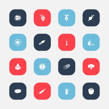 16 düzenlenebilir sebze simgeler kümesi. Patates, Portakal dilim, armut parça ve daha fazlası gibi simgeler içerir. Web, mobil, UI ve Infographic tasarımı için kullanılabilir.