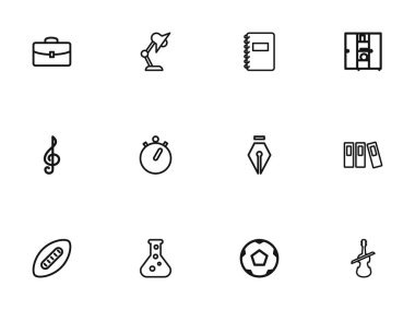 12 düzenlenebilir eğitim anahat simgeleri ayarlayın. Top, tiz nota anahtarı, Classbook ve daha fazlası gibi simgeler içerir. Web, mobil, UI ve Infographic tasarımı için kullanılabilir.