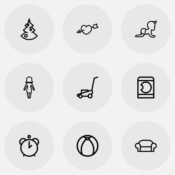 Set von 9 editierbaren Verwandten-Umrissen-Symbolen. enthält Symbole wie Stunde, Herz, Kind und mehr. kann für Web-, Mobil-, UI- und Infografik-Design verwendet werden. — Stockvektor