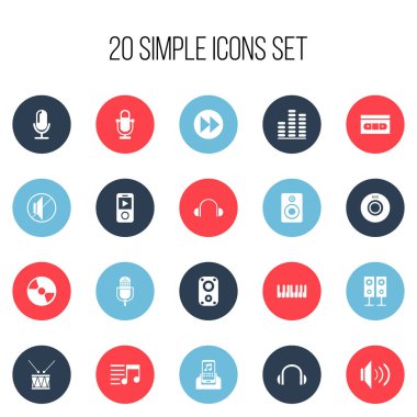 20 düzenlenebilir şarkı simgeler kümesi. Davul, disk, çalma listesi ve daha fazlası gibi simgeler içerir. Web, mobil, UI ve Infographic tasarımı için kullanılabilir.
