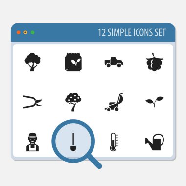12 düzenlenebilir Bahçe simgeler kümesi. Bitki kesici, elektrikli süpürge, çiftçi ve daha fazlası gibi simgeler içerir. Web, mobil, UI ve Infographic tasarımı için kullanılabilir.