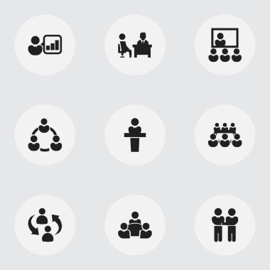 9 düzenlenebilir takım simgeler kümesi. Toplantı, tanıtım, anlaşma ve daha fazlası gibi simgeler içerir. Web, mobil, UI ve Infographic tasarımı için kullanılabilir.