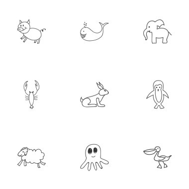 9 düzenlenebilir zooloji karalamalar kümesi. Balina, Ewe, ıstakoz ve daha fazlası gibi simgeler içerir. Web, mobil, UI ve Infographic tasarımı için kullanılabilir.