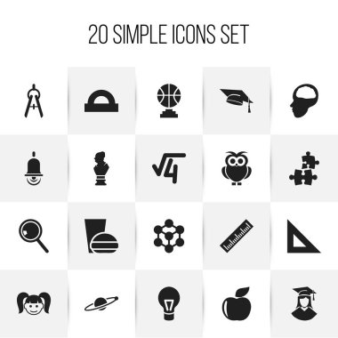 20 düzenlenebilir bilim simgeler kümesi. Mezun erkek, Yapboz, Alarm zili ve daha fazlası gibi simgeler içerir. Web, mobil, UI ve Infographic tasarımı için kullanılabilir.