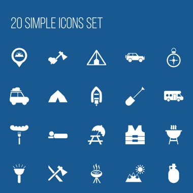 20 düzenlenebilir kamp simgeler kümesi. Konumu, Barbekü, can yeleği ve daha fazlası gibi simgeler içerir. Web, mobil, UI ve Infographic tasarımı için kullanılabilir.