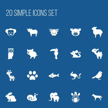 20 düzenlenebilir zooloji simgeler kümesi. At, köpek, zürafa ve daha fazlası gibi simgeler içerir. Web, mobil, UI ve Infographic tasarımı için kullanılabilir.