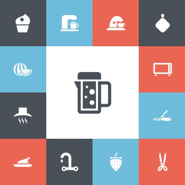 13 düzenlenebilir gıda simgeler kümesi. Mutfak Hood, Kupası, kızarmış tavuk ve daha fazlası gibi simgeler içerir. Web, mobil, UI ve Infographic tasarımı için kullanılabilir.