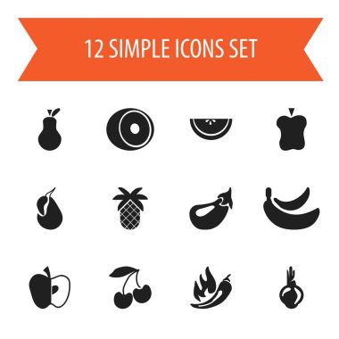 12 düzenlenebilir meyve simgeler kümesi. Elma, armut, kavun ve daha fazlası gibi simgeler içerir. Web, mobil, UI ve Infographic tasarımı için kullanılabilir.