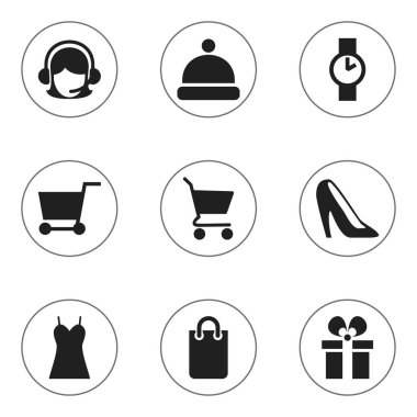 9 düzenlenebilir alışveriş simgeler kümesi. Stiletto, hediye kutusu, çekçek gibi simgeler içerir. Web, mobil, UI ve Infographic tasarımı için kullanılabilir.