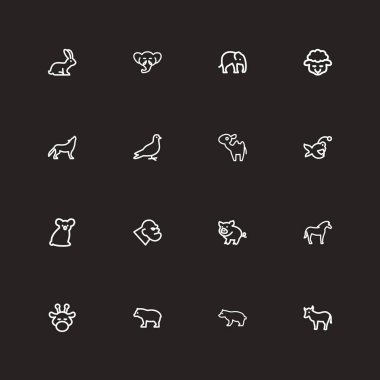 16 düzenlenebilir hayvan anahat simgeler kümesi. Kine, güvercin, Balık ve daha fazlası gibi simgeler içerir. Web, mobil, UI ve Infographic tasarımı için kullanılabilir.