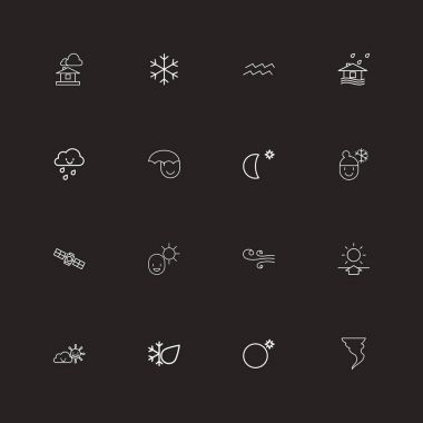 16 düzenlenebilir iklim anahat simgeleri ayarlayın. Ay yıldız, yağmur, su taşıyıcısı ve daha fazlası gibi simgeler içerir. Web, mobil, UI ve Infographic tasarımı için kullanılabilir.