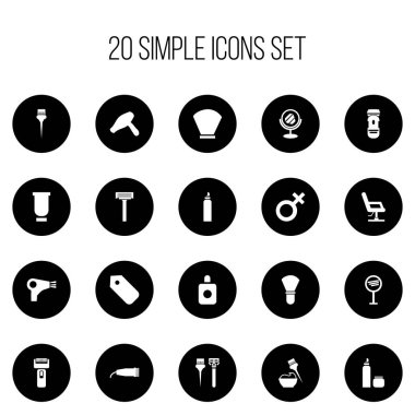 20 düzenlenebilir berber simgeler kümesi. Tıraş, kesme makinesi, tıraş makinesi ve daha fazlası gibi simgeler içerir. Web, mobil, UI ve Infographic tasarımı için kullanılabilir.