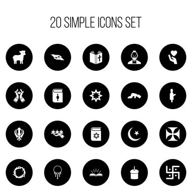 20 düzenlenebilir inanç simgeler kümesi. Dua, İncil, Sajdah ve daha fazlası gibi simgeler içerir. Web, mobil, UI ve Infographic tasarımı için kullanılabilir.