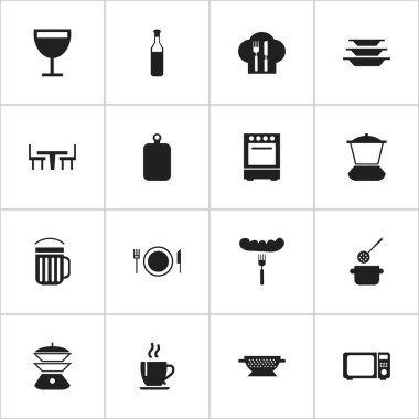 16 düzenlenebilir mutfak simgeler kümesi. Multicooker, yemek, bulaşıklık ve daha fazlası gibi simgeler içerir. Web, mobil, UI ve Infographic tasarımı için kullanılabilir.