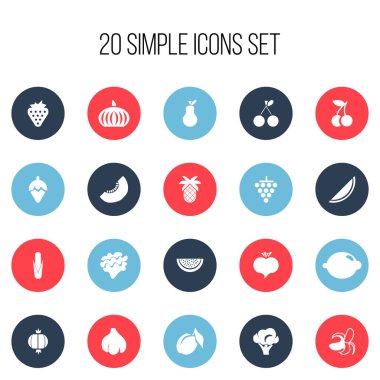 20 düzenlenebilir tatlı simgeler kümesi. Ampul, turp, Berry ve daha fazlası gibi simgeler içerir. Web, mobil, UI ve Infographic tasarımı için kullanılabilir.