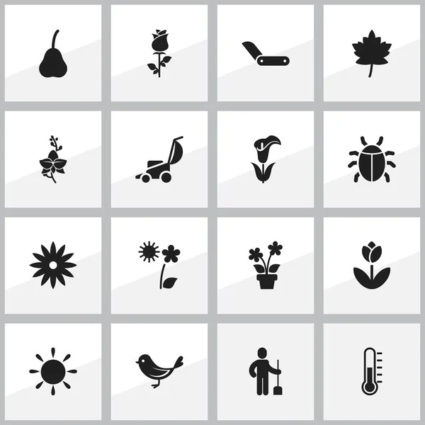 Satz von 16 editierbaren Landwirtschaftssymbolen. enthält Symbole wie Blüte, Käfer, Temperatur und mehr. kann für Web-, Mobil-, UI- und Infografik-Design verwendet werden. — Stockvektor