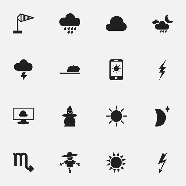 Ensemble de 16 icônes météo modifiables. Comprend des symboles tels que Snow Person, croissant avec étoile, chapeau et plus. Peut être utilisé pour le Web, mobile, interface utilisateur et infographie . — Image vectorielle