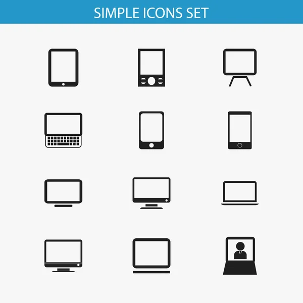 Uppsättning av 12 redigerbara enheter ikoner. Innehåller symboler som Clavier, bärbar dator, Smartphone och mer. Kan användas för webb-, mobil-, Ui- och Infographic Design. — Stock vektor