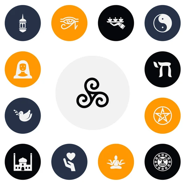 Conjunto de 13 iconos de religión editables. Incluye símbolos como la luz de la vela, taoísmo, paloma. Puede ser utilizado para el diseño de la tela, móvil, interfaz de usuario e infografía . — Archivo Imágenes Vectoriales