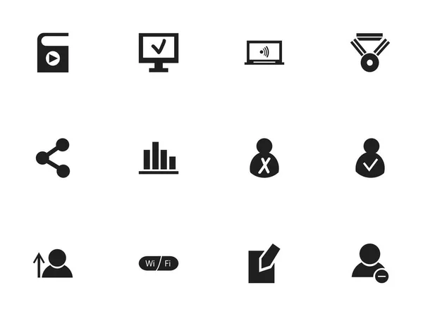 Satz von 12 editierbaren globalen Symbolen. beinhaltet Symbole wie monitor, access allowed, publish und mehr. kann für Web-, Mobil-, UI- und Infografik-Design verwendet werden. — Stockvektor