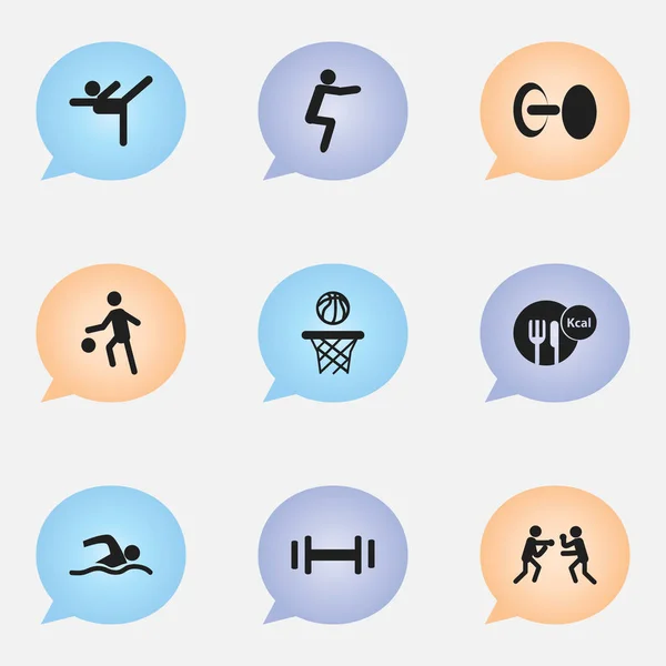 Készlet 9 szerkeszthető képzés ikonok. Egészséges étel, küzdelem, akrobatika, egykerekű biciklik, és szimbólumokat tartalmaz. Lehet használni a Web, mobil, Ui és Infographic Design. — Stock Vector