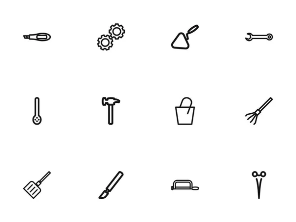 Satz von 12 editierbaren Ausrüstungssymbolen. enthält Symbole wie Spachtel, Schneekelle, Henkelschlag. kann für Web-, Mobil-, UI- und Infografik-Design verwendet werden. — Stockvektor