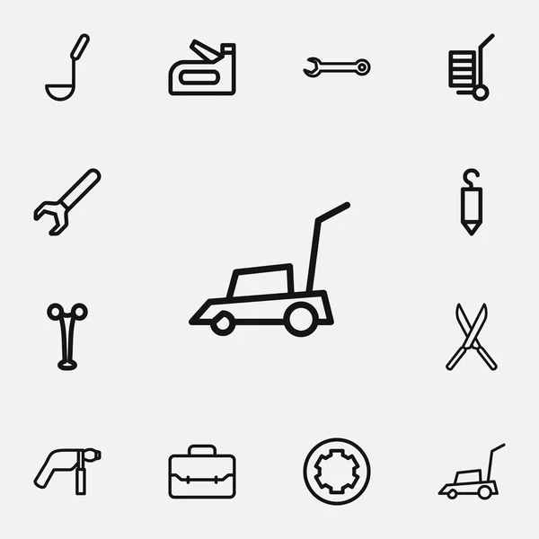 Set di 12 Strumenti Modificabili Icone Outline. Include simboli come forbici da giardino, chiave inglese, gancio e altro ancora. Può essere utilizzato per la progettazione web, mobile, UI e infografica . — Vettoriale Stock
