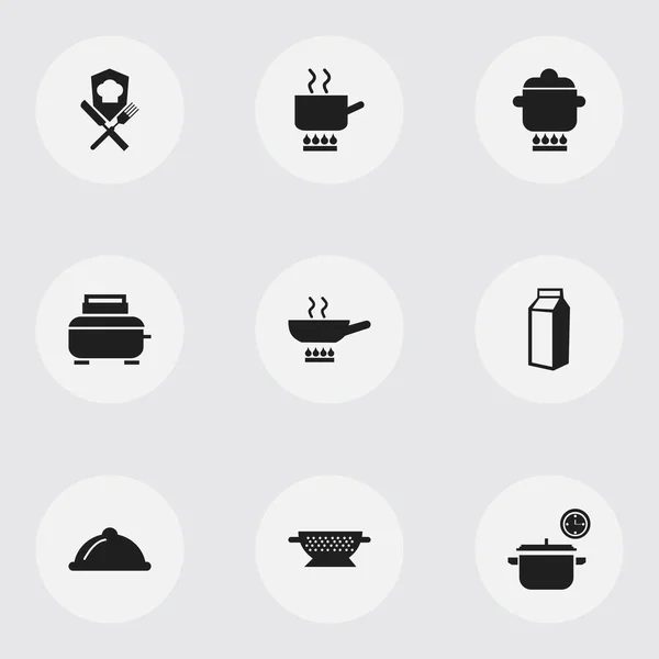 Uppsättning av 9 redigerbara restaurang ikoner. Innehåller symboler som till exempel Stewpot, kastrull, mjölkflaska och mer. Kan användas för webb-, mobil-, Ui- och Infographic Design. — Stock vektor