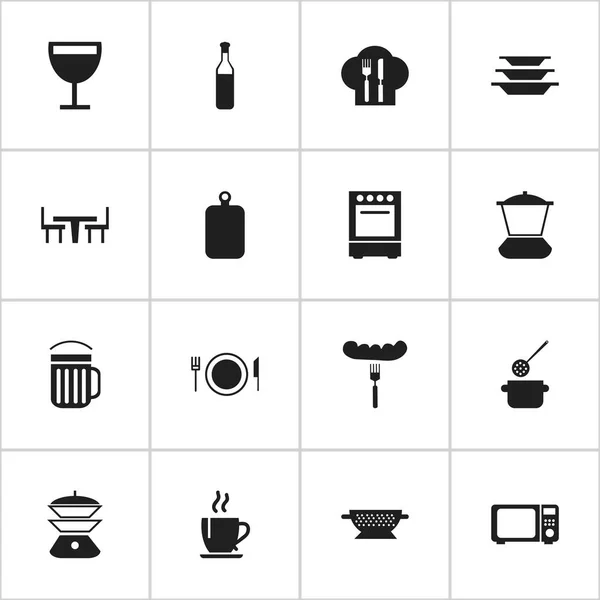 Set von 16 editierbaren Küchensymbolen. beinhaltet Symbole wie Mehrkochtopf, Kochen, Abtropfbecken und mehr. kann für Web-, Mobil-, UI- und Infografik-Design verwendet werden. — Stockvektor