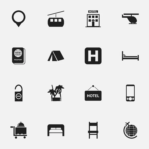 Набор из 16 настольных праздничных иконок. Includes Symbols such as Passport, Bedtime, Room Service and More. Can be used for Web, Mobile, UI and Infographic Design . — стоковый вектор