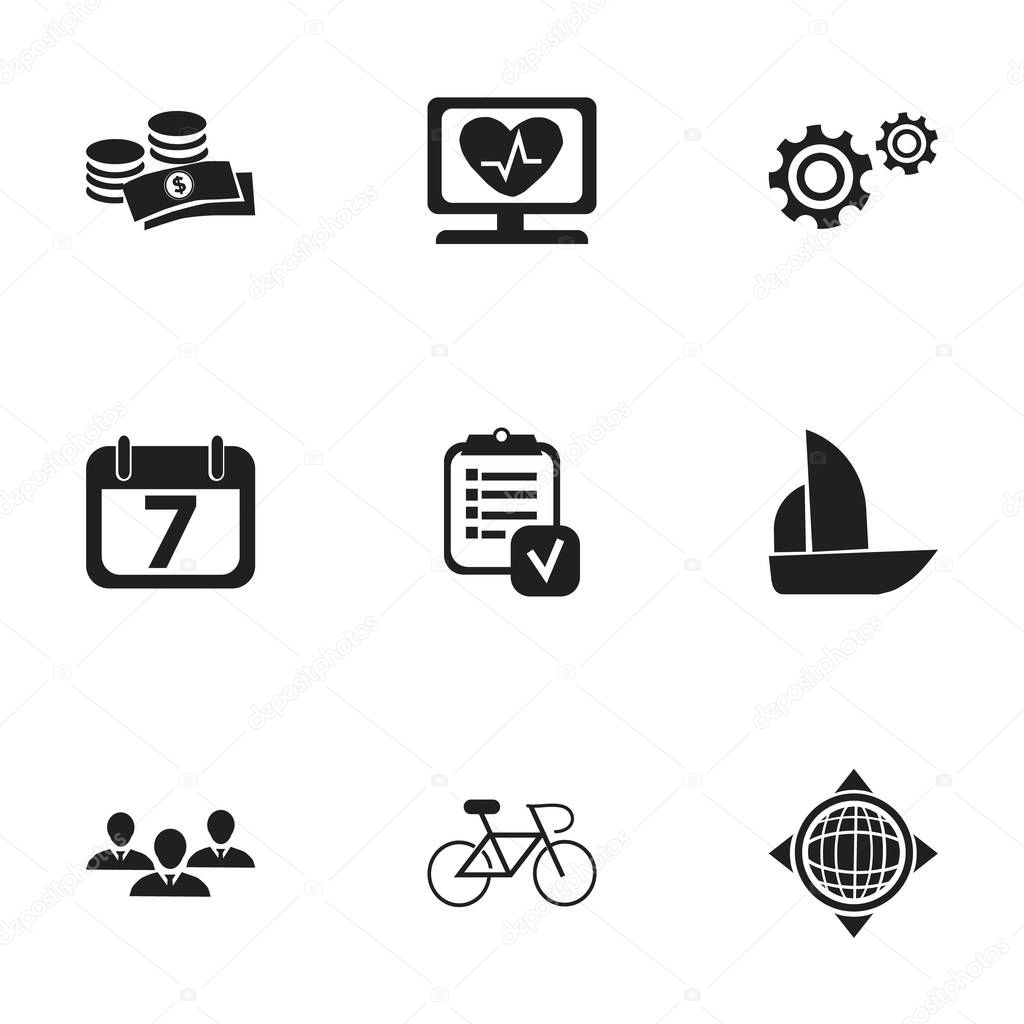 Set Of 9 Editable Complicated Icons. Includes Symbols Such As Yacht, Group, World And More. Can Be Used For Web, Mobile, UI And Infographic Design.