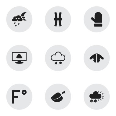 9 düzenlenebilir hava simgeler kümesi. Balıklar, Fahrenheit, kar granül ve daha fazlası gibi simgeler içerir. Web, mobil, UI ve Infographic tasarımı için kullanılabilir.