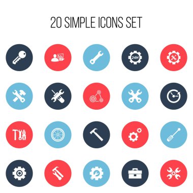 20 düzenlenebilir onarım simgeler kümesi. Erişim, zaman ve teknik destek gibi simgeleri içerir. Web, mobil, UI ve Infographic tasarımı için kullanılabilir.