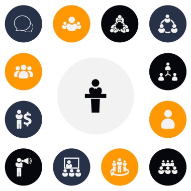 13 düzenlenebilir topluluk simgeler kümesi. Komutan, tartışma, ortaklık gibi simgeler içerir. Web, mobil, UI ve Infographic tasarımı için kullanılabilir.
