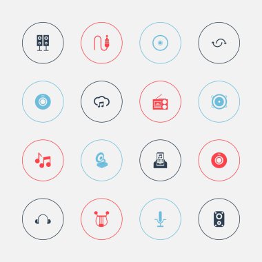 16 düzenlenebilir şarkı simgeler kümesi. Müzik hoparlör, kaset çalar, ses amplifikatör ve daha fazlası gibi simgeler içerir. Web, mobil, UI ve Infographic tasarımı için kullanılabilir.