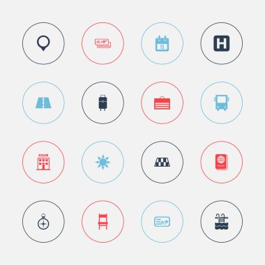 16 düzenlenebilir gezi simgeler kümesi. Davet, Helikopter pisti, Yönlendirme ve daha fazlası gibi simgeler içerir. Web, mobil, UI ve Infographic tasarımı için kullanılabilir.